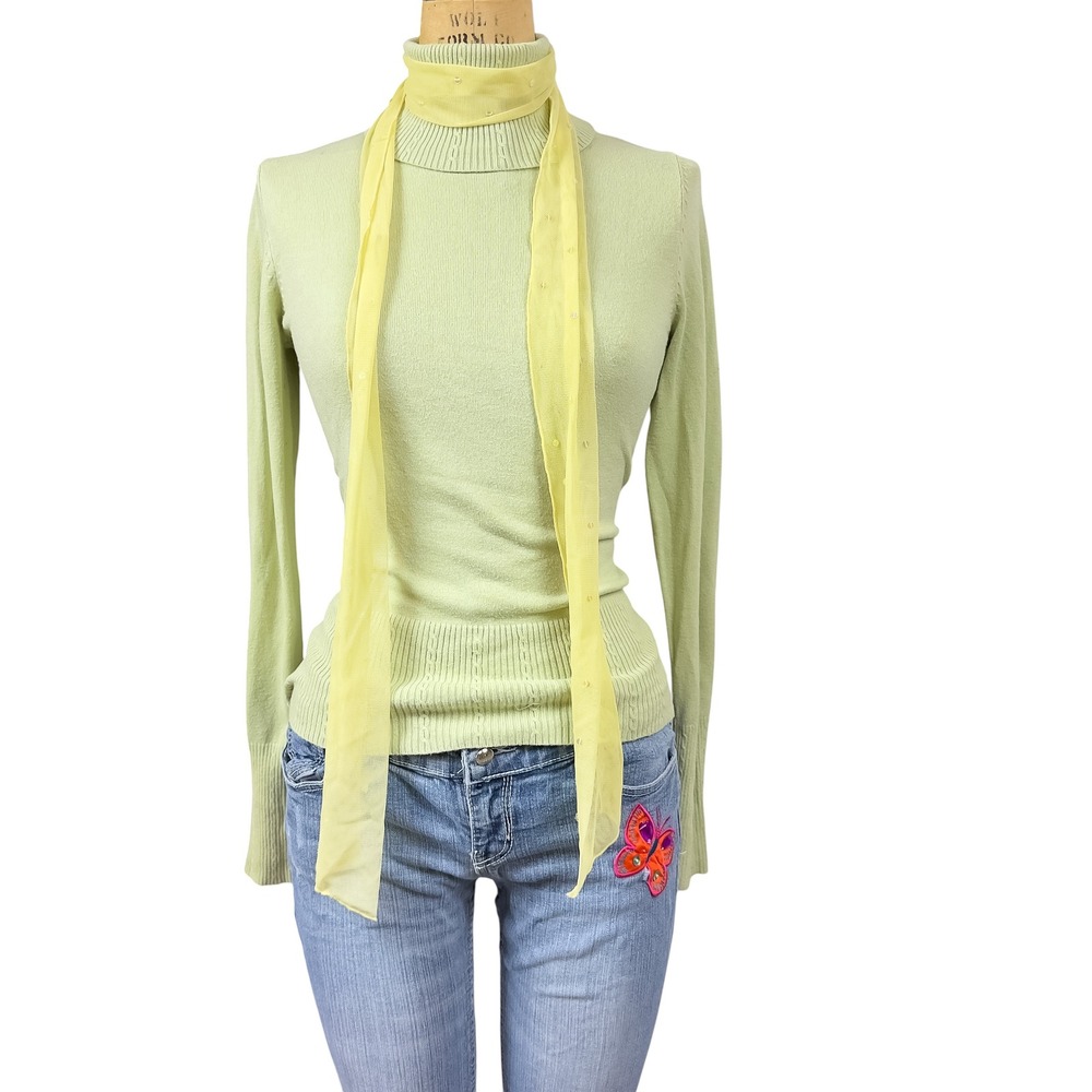 Y2K Sage Green Turtleneck Sweater Long Sleeve Ribbed Trim Preppy Fall Size S